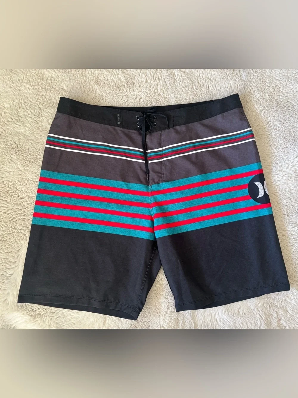 NWT Hurley Black Swim Trunk Board Trunks w/Teal Red White Stripes Size: 36
